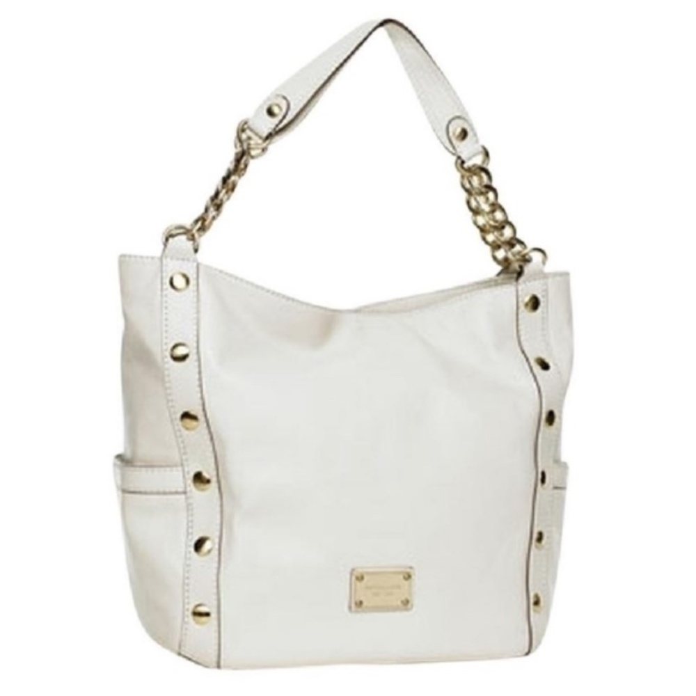 MICHAEL KORS~delancey~STUDDED WHITE PATENT LEATHER XL CARRYALL TOTE BAG